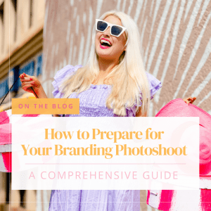 Blog header for Vanessa Schwinn, photography a blog title on how to prepare for your branding photo shoot a comprehensive guide. There is a photo in the background of a happy girl (Aloha Miss Sunshine) and a purple dress with pink and white hat boxes, and a pink hat. She has blonde hair and white sunglasses and is standing in front of a painted wall in a city like atmosphere in Honolulu, Hawaii there is Text over laid on the photo with the title of the blog in pink and orange.